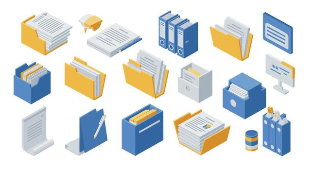 moderno oficina esenciales en isométrica estilo con archivos, carpetas, carpetas, y papelería vector