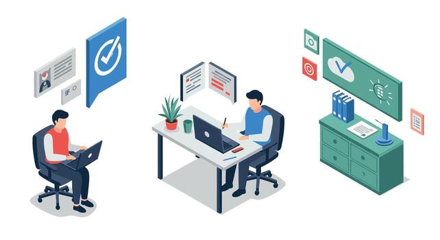 Remote work productivity isometric design of modern home office setup and workflow vector