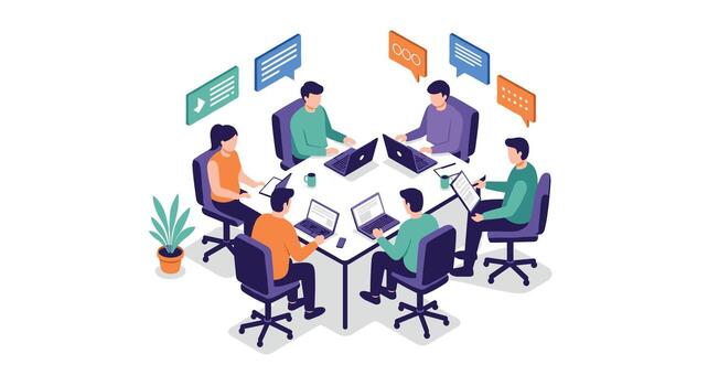 colaborativo equipo reunión en moderno oficina ajuste con laptops y charla burbujas vector