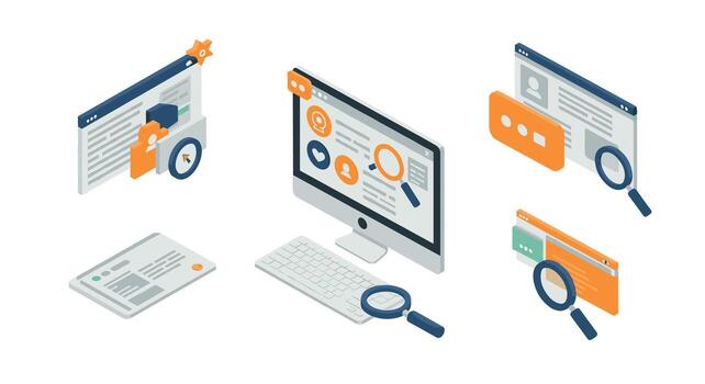 Isometric digital workspace with search and analysis icons vector