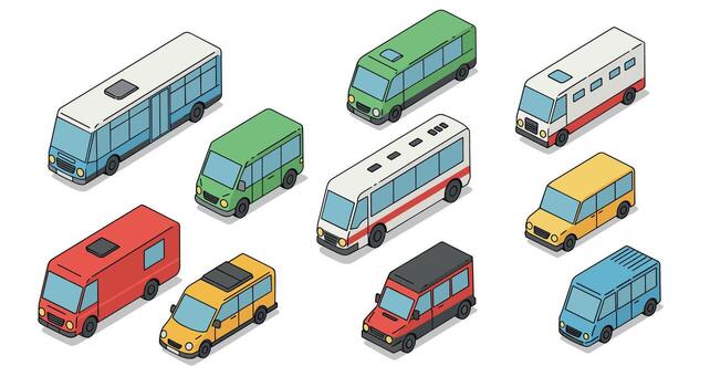 Isometric collection of colorful buses and vans on a white background vector