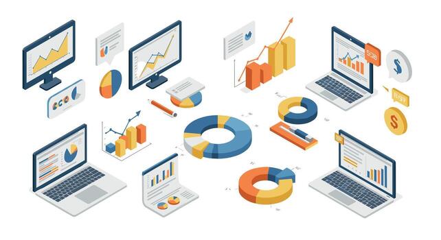 isométrica financiero análisis y datos visualización con laptops y cartas vector