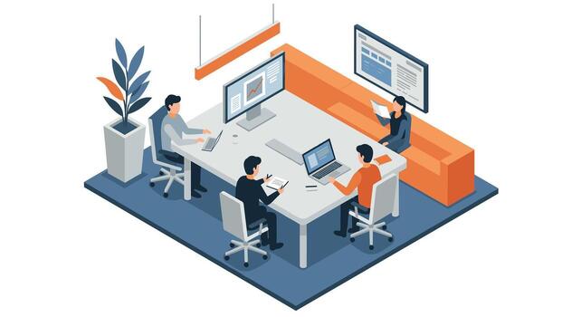 isométrica moderno oficina espacio de trabajo con equipo colaboración y tecnología integración vector