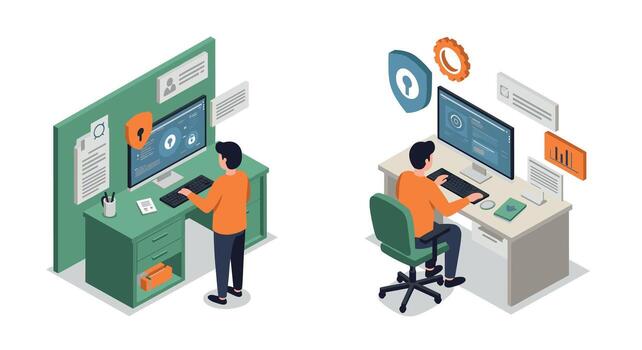 Cybersecurity concepts with isometric design showcasing data protection and network security vector