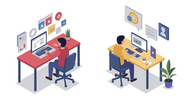 Isometric office workspace with diverse characters working on laptops at desks vector