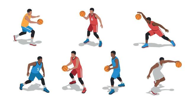 dinámica isométrica baloncesto jugadores en acción poses en blanco antecedentes vector