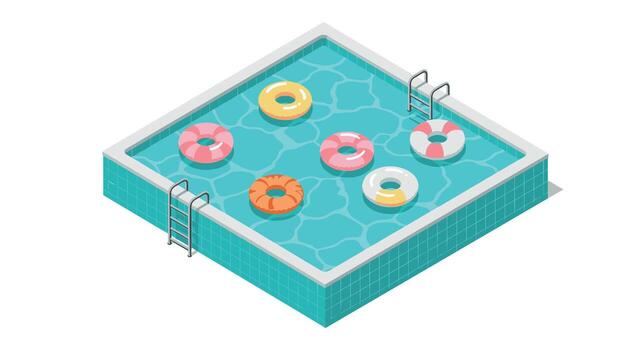 Colorful pool floats in isometric pool with ladders vector