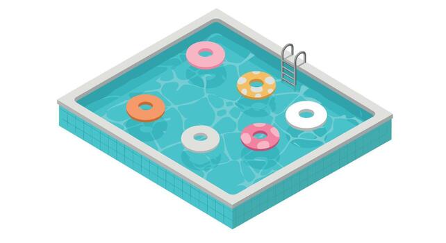 Isometric swimming pool with colorful floats in summer design vector