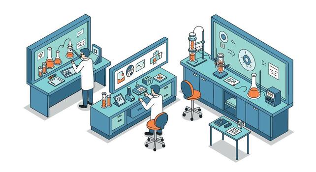 Isometric laboratory setup with scientists and equipment in modern workspace vector