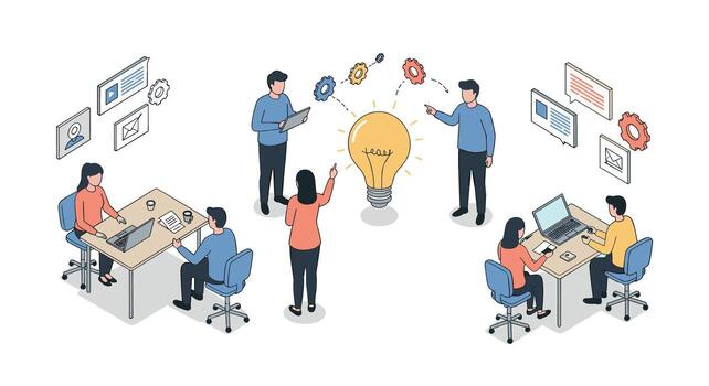 colaborativo trabajo en equipo y idea Generacion en isométrica oficina ajuste vector