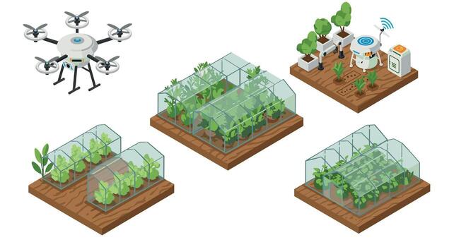 inteligente agricultura tecnología con drones y automatizado invernaderos en isométrica diseño vector