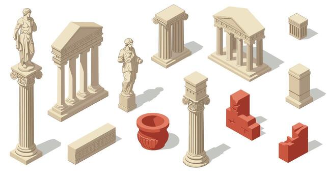 Isometric ancient greek architecture elements and classical columns vector