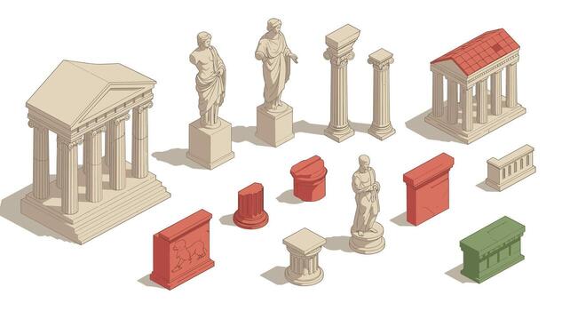 Isometric ancient architecture elements columns, statues, and temples vector