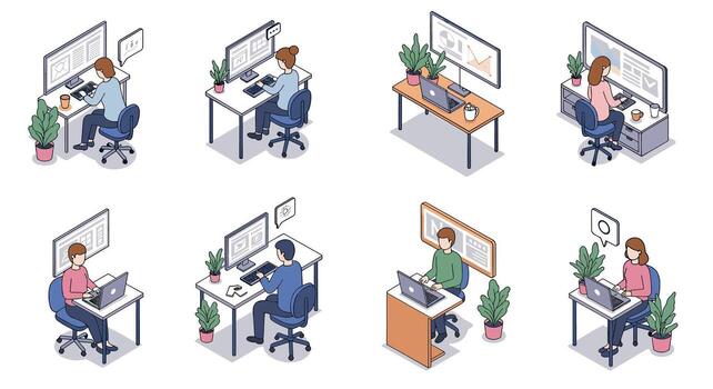 Isometric work from home office desk setup with people at computers vector