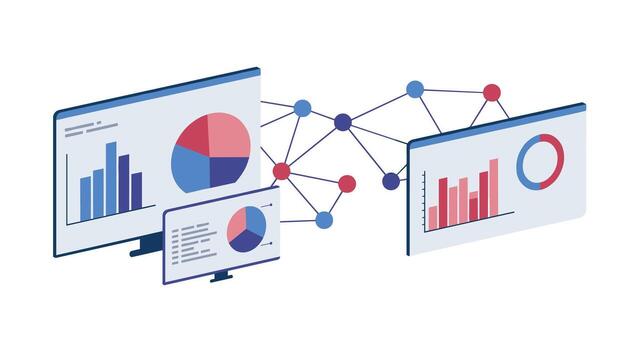 Isometric data analysis concept with connected graphs and charts vector