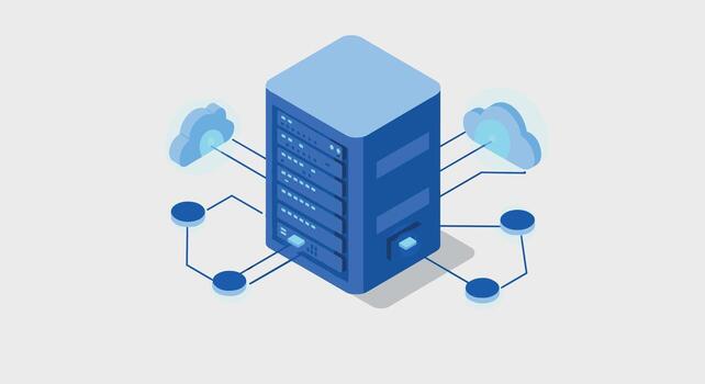 isométrica nube red con central servidor y conectado nodos en azul esquema vector