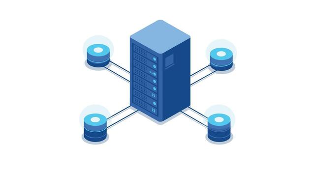 Isometric data center with central server and connected databases vector