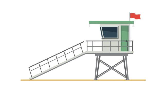Flat design lifeguard tower with red flag on raised platform vector