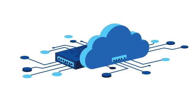azul isométrica nube informática diseño con red conexiones vector