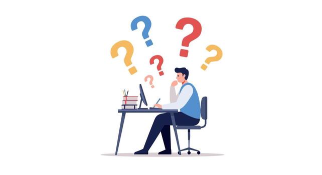 Confused office worker at desk with question marks around computer vector