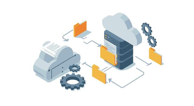 isométrica nube datos almacenamiento con servidor y archivo administración concepto vector