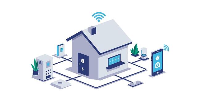 Smart home automation system with isometric design elements and connected devices vector