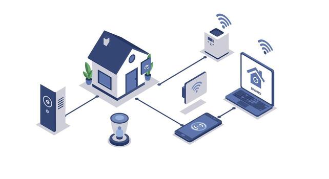 Smart home network isometric design featuring devices and connectivity vector