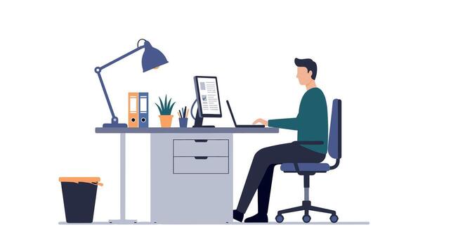 hombre trabajando a moderno oficina escritorio con computadora en plano diseño vector