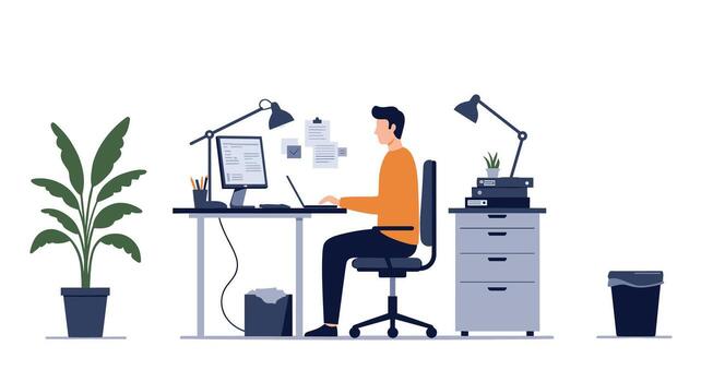 Flat design home office setup with plants and workspace essentials vector