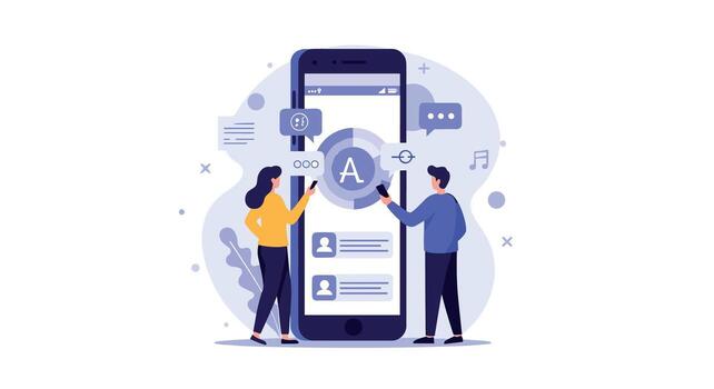 Mobile app development concept with characters designing user interface on smartphone vector