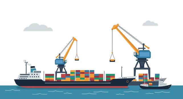 Cargo ship at busy container port with crane and shipping operations in flat design vector