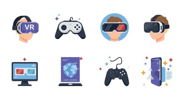 Flat style virtual reality and gaming elements set with headsets and controllers vector