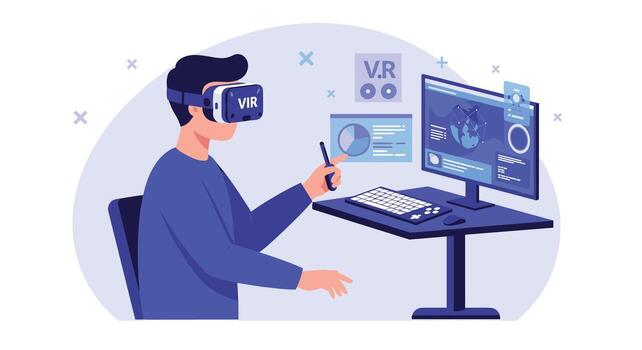Virtual reality exploration in a modern office environment with digital graphics vector