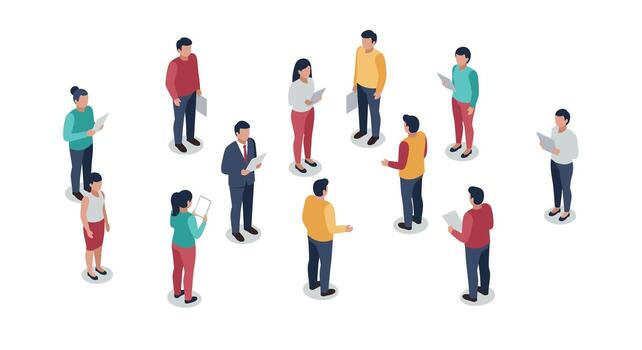 Diverse isometric team engaged in discussion and collaboration on white background vector