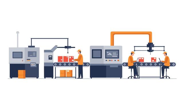 Automated industrial production line with workers and machinery in flat design vector
