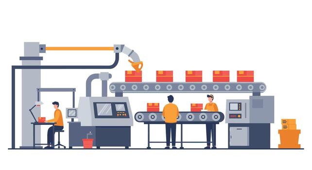 Modern factory automation with workers and robotic arm in assembly line vector