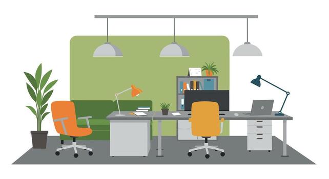 Modern workspace with desks and chairs in a flat design vector
