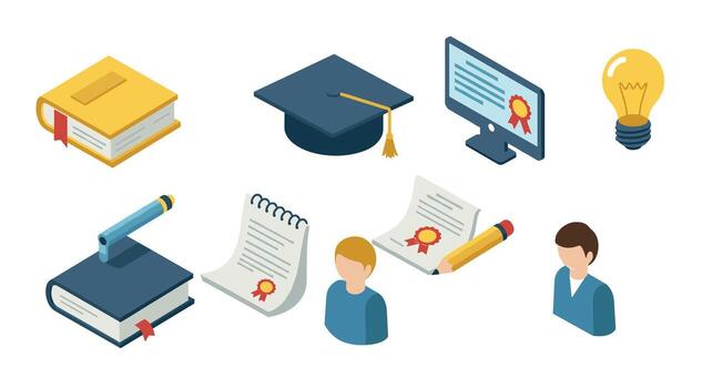 Educational icon set featuring graduation cap, books, computer, and lightbulb in isometric style vector