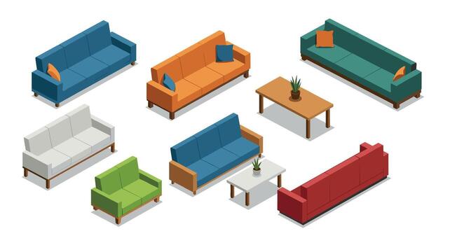 Isometric sofa collection with colorful designs and coffee tables on white background vector
