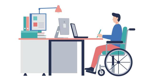 persona en silla de ruedas trabajando a escritorio con computadora en moderno oficina ajuste vector