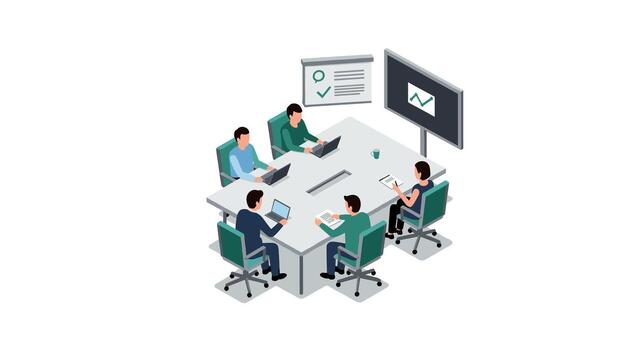 Collaborative team meeting in modern office setting with technology vector