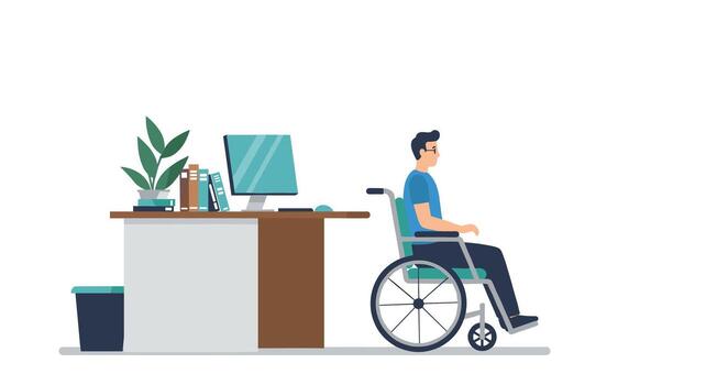 hombre en silla de ruedas trabajando a escritorio en moderno oficina ajuste vector