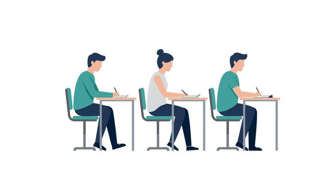 Flat style students studying in classroom seated at desks in a row vector