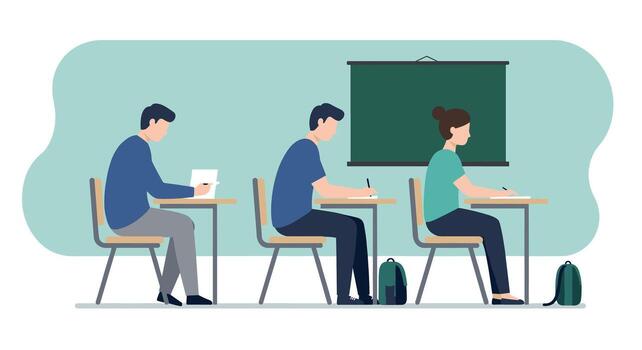 Students studying in classroom with chalkboard and backpacks, linear flat design vector