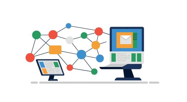 simplificado red diagrama con conectado dispositivos y correo electrónico íconos vector