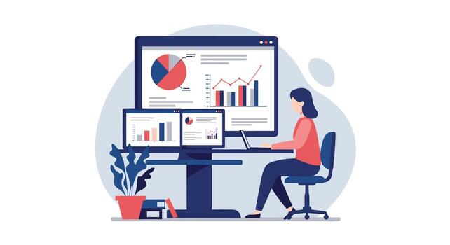 datos análisis espacio de trabajo con cartas y gráficos en múltiple pantallas en plano diseño vector