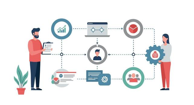 Team collaboration and workflow concept with data analysis and project management elements vector