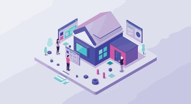 isométrica hogar diseño trabajo en equipo escena con digital interfaces y colaborativo herramientas vector