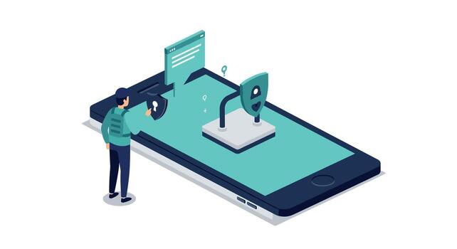 Cyber security isometric concept with man unlocking smartphone and shield icon vector