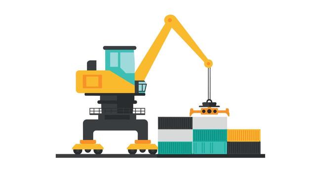 Flat style crane loading shipping containers on dock vector